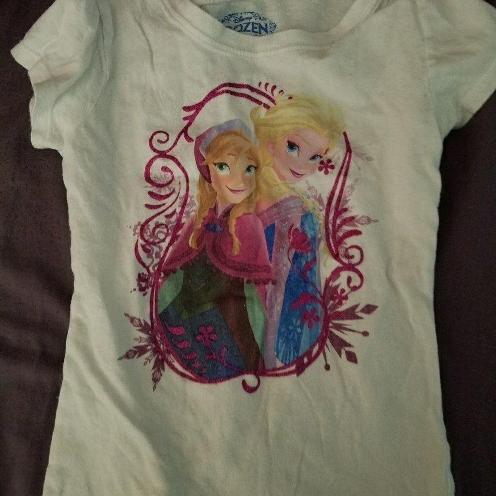 Disney Frozen Girls White Cap Sleeve T-Shirt Size 6/6X Elsa Anna Graphic Tee